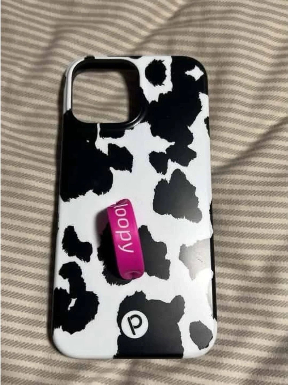 Loopy Case Black & White Cow Print Phone Case with Pink Loopy Ring